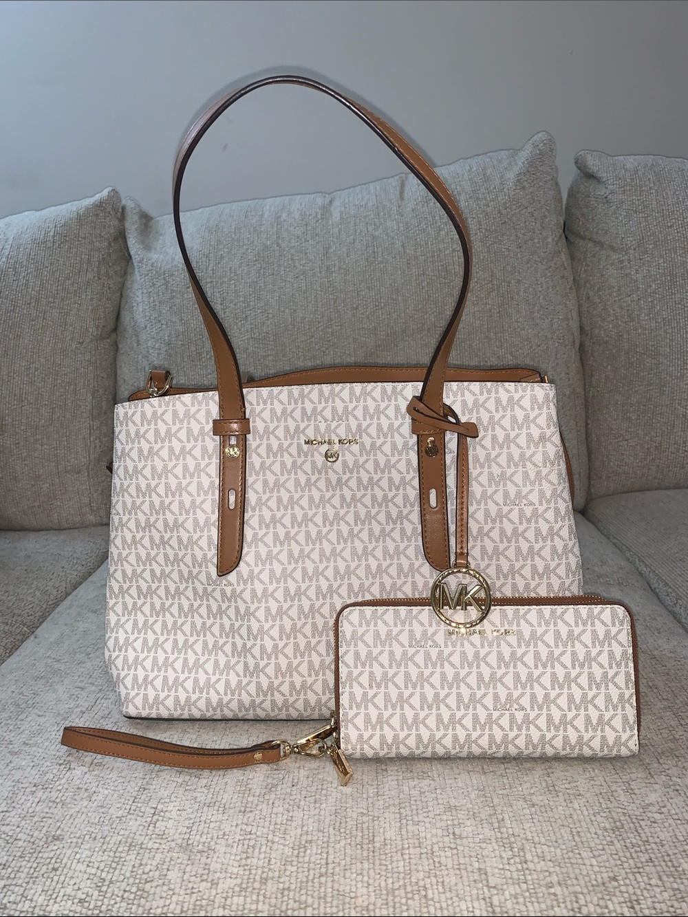 Michael Kors Cream and Brown Logo Tote with Matching Wallet